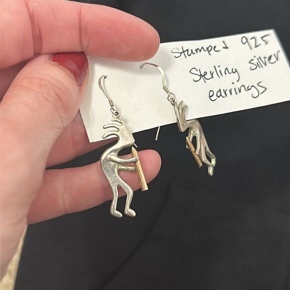 Native American 925 Sterling Silver Kokopelli Earrings with Gold Tone - Picture 5 of 7